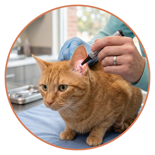 Veterinarian using an otoscope to safely inspect a calm domestic cat's ear.
