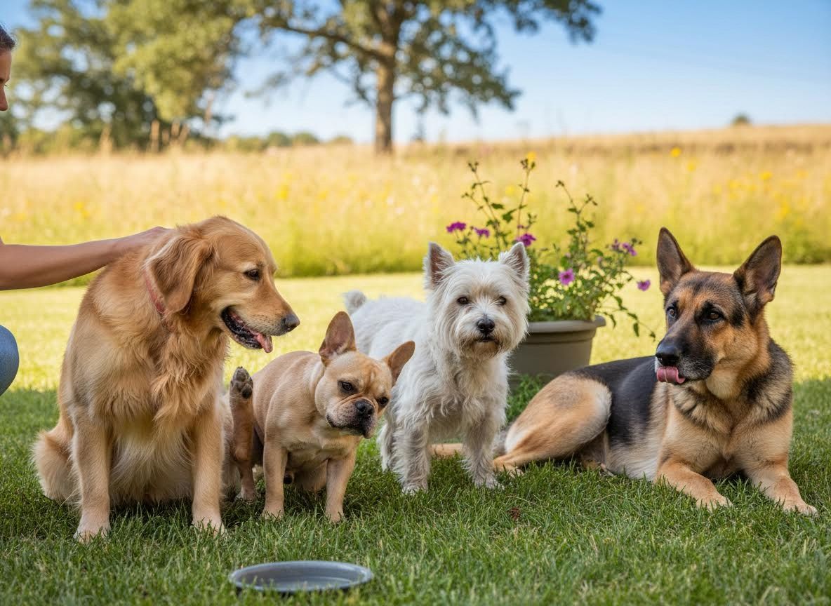 Diverse Dog Breeds Relaxing in Sunny Outdoor Setting