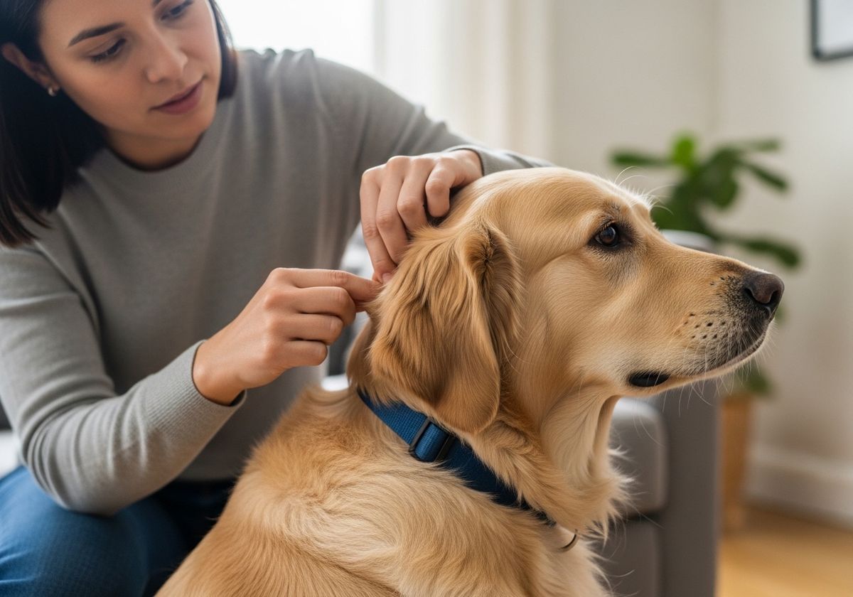 Woman Inspecting Golden Retriever's Ear