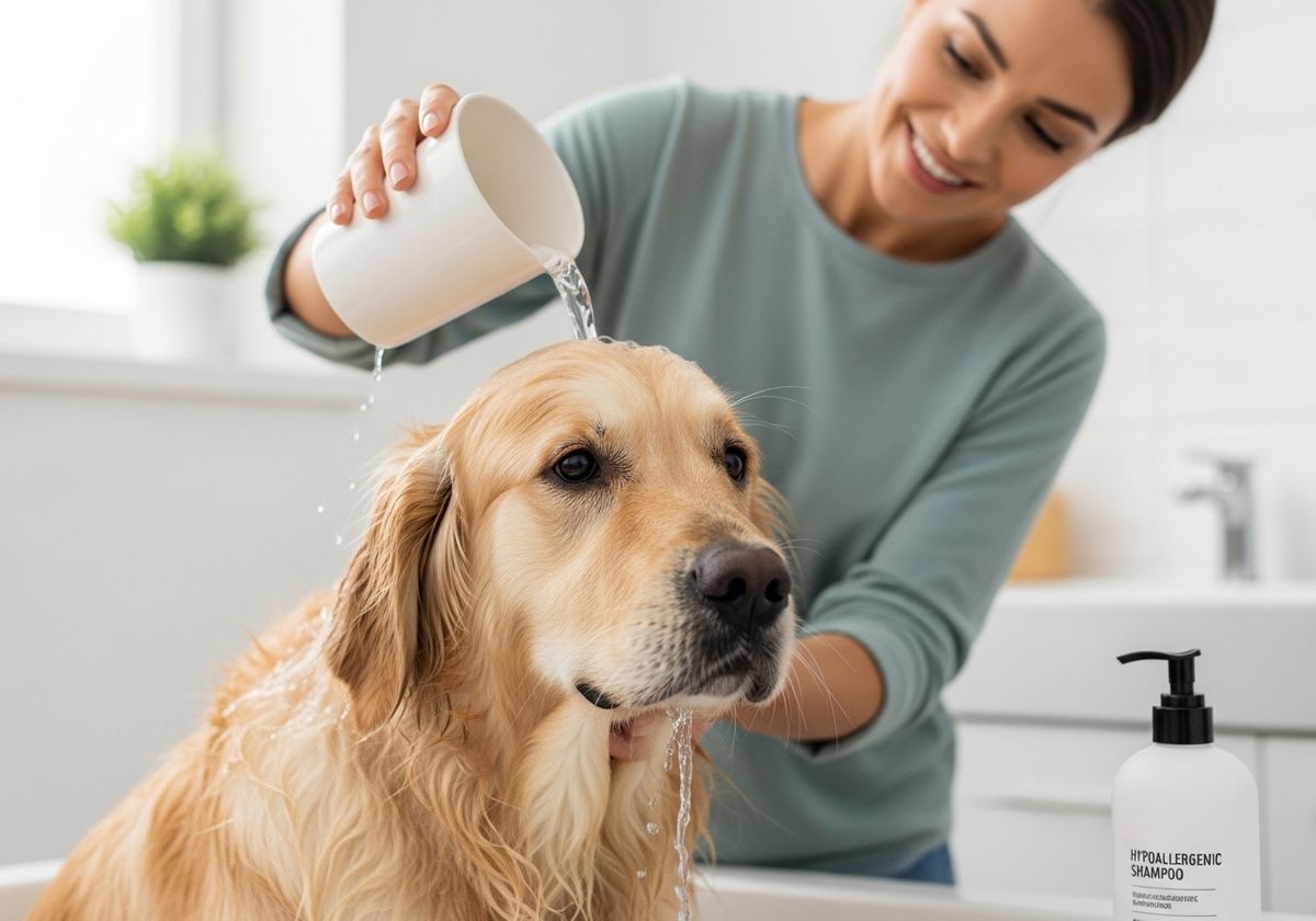 Woman Rinsing Golden Retriever with Water