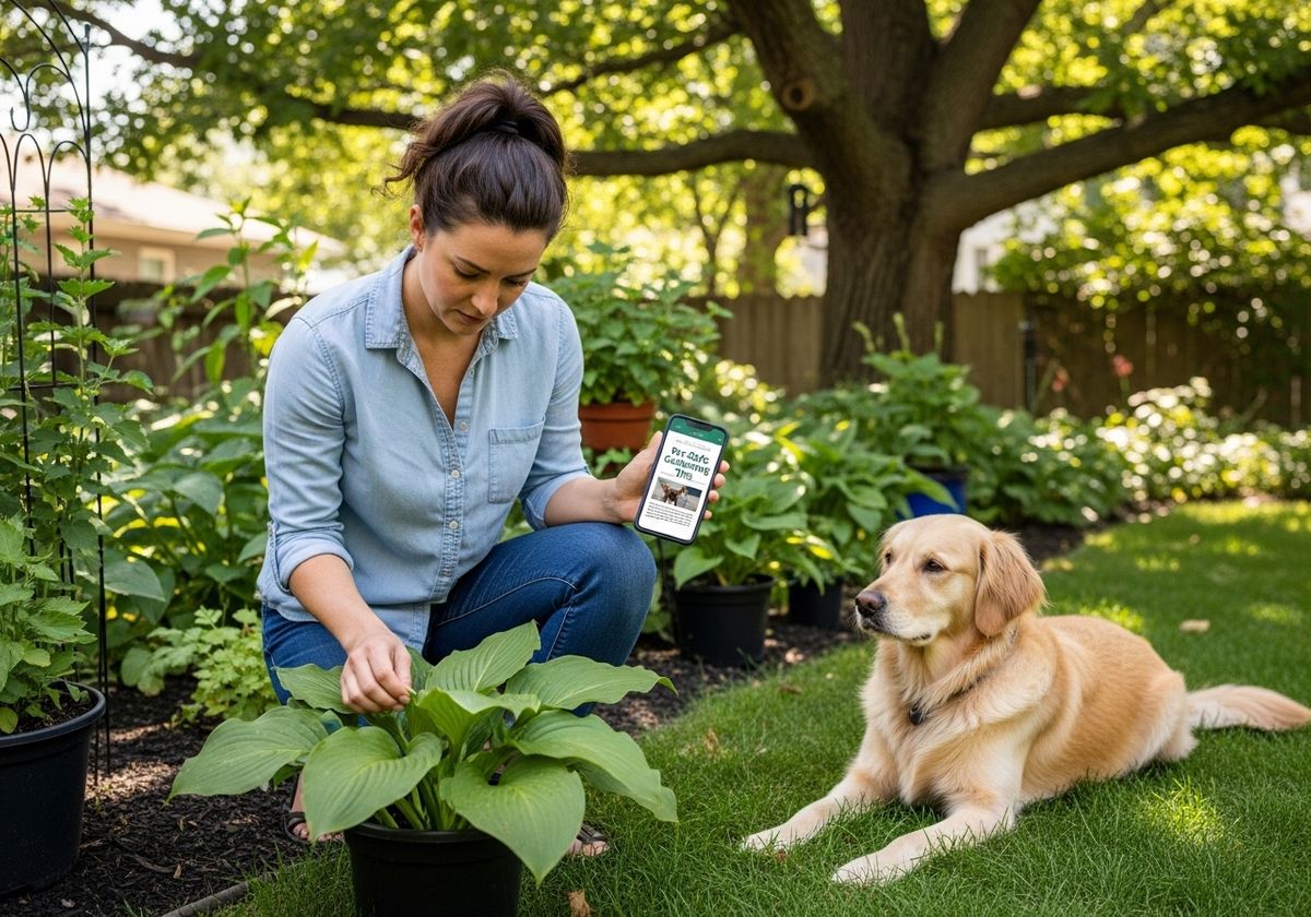 Woman Gardening with Dog and Phone