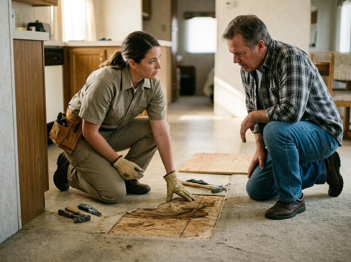 Home Repair Professionals Inspecting Floor Damage