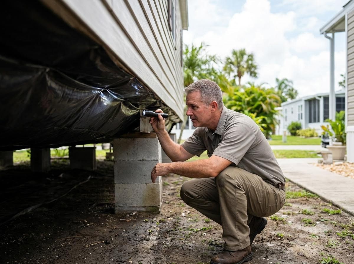 Professional Inspecting Mobile Home Foundation with Flashlight