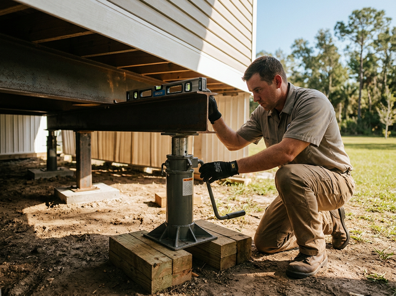 A man in work clothes kneels, using a crank to adjust a heavy-duty jack under a building's metal beam, with a level to ensure accuracy. Man Leveling a Building Foundation with a Jack