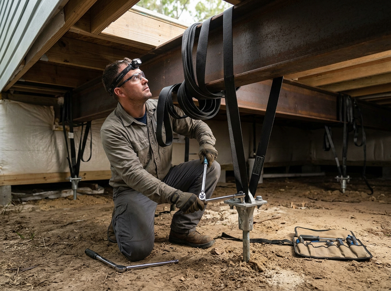 A man in safety glasses and a headlamp kneels under a house, using a ratchet wrench to tighten a bolt on a metal foundation pier. Man working on house foundation with tools
