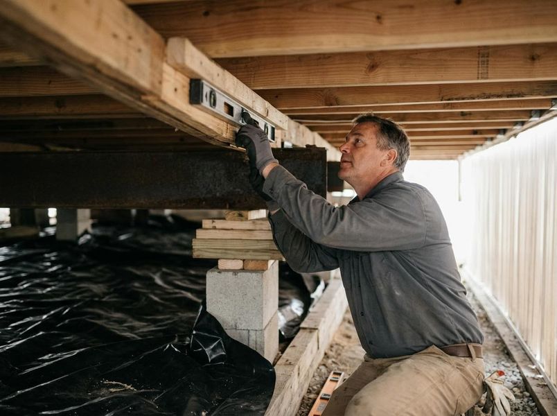 A man in work gloves kneels under a raised structure, using a spirit level to check a wooden beam, with a black vapor barrier below. Man Leveling a House Foundation Beam