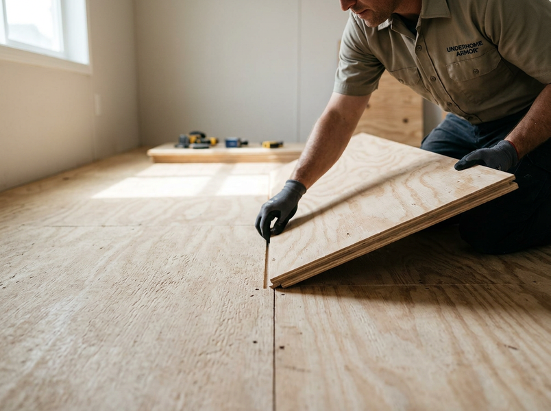 A man in gloves and an 'UNDERHOME ARMOR' shirt kneels, installing a new plywood subfloor in a room with a window. Man installing plywood subfloor