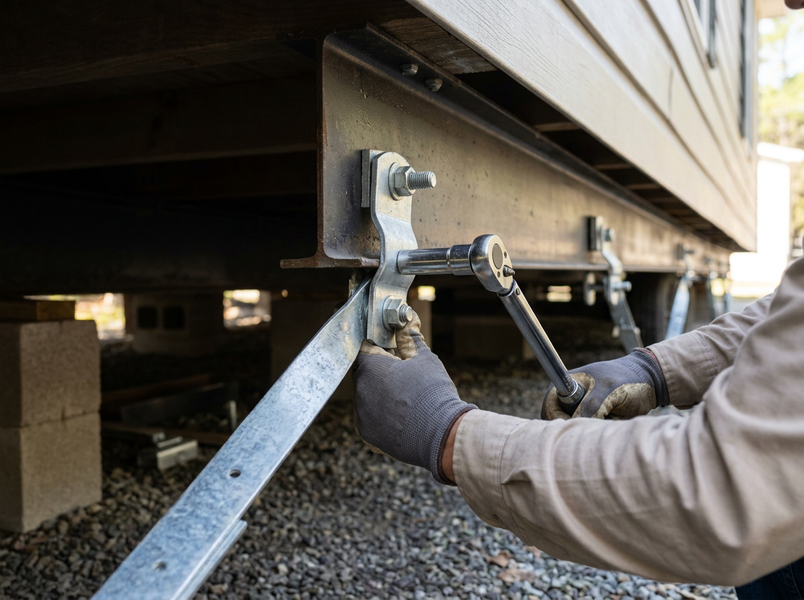 Worker Installing Mobile Home Foundation Tie-Down
