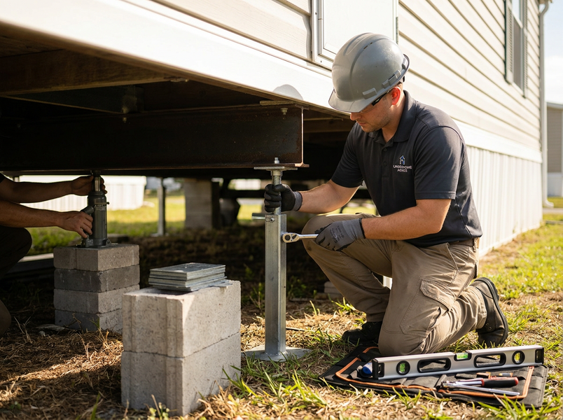 A man in a hard hat and gloves adjusts a metal support jack under a manufactured home, with another person operating a jack nearby. Worker adjusting manufactured home foundation support