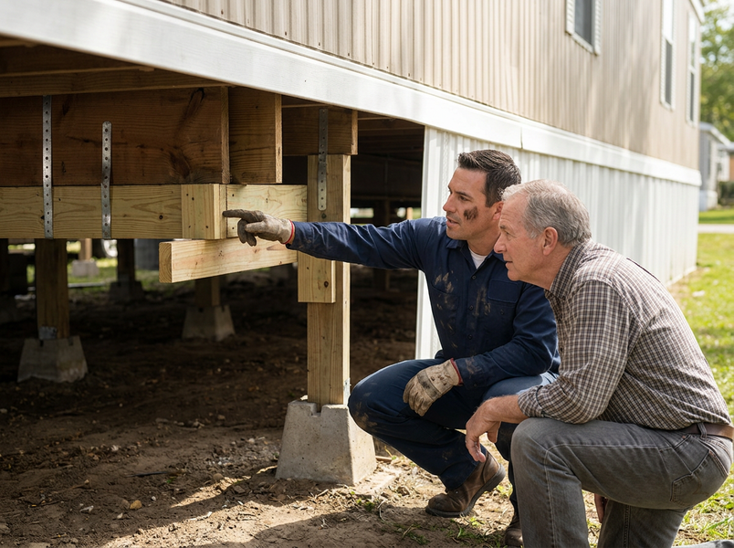 Two men inspecting mobile home foundation