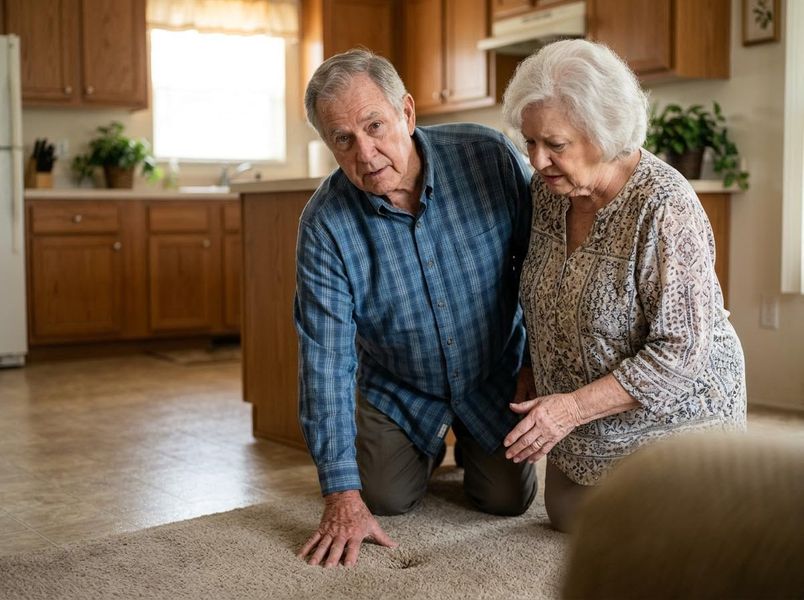 An elderly man and woman kneel on a beige carpet, looking down intently at the floor with concerned expressions in their home. Elderly Couple Examining Carpet