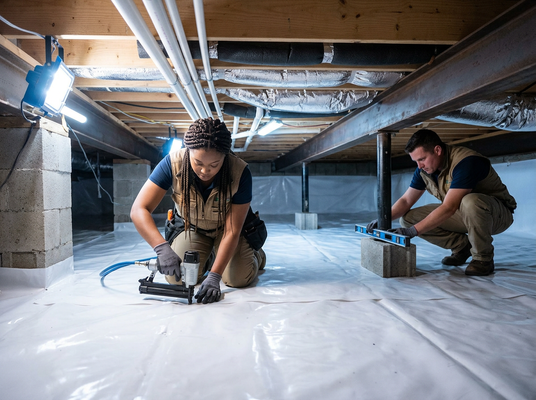 Two workers install a white vapor barrier and check structural supports in a brightly lit crawl space, ensuring home integrity. Crawl Space Encapsulation Installation
