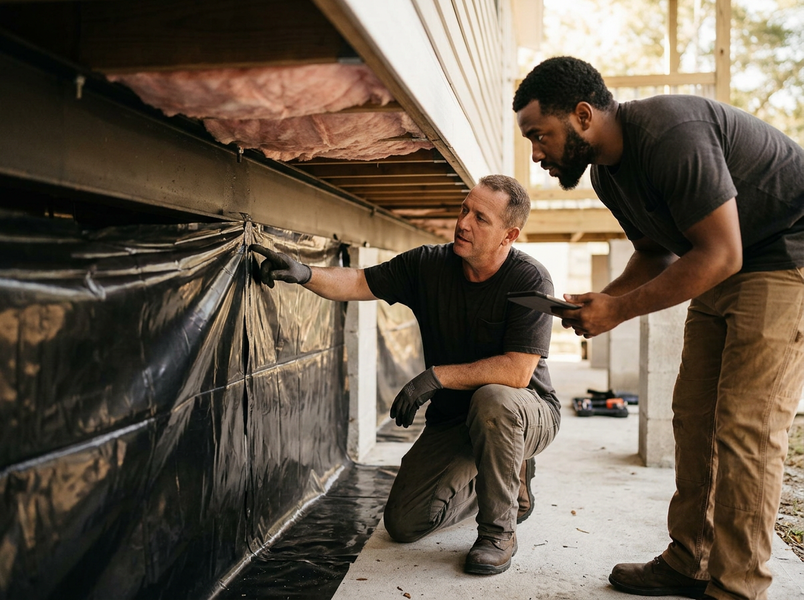 A contractor kneels and points at a black vapor barrier and insulation under a building, while another worker reviews notes on a tablet. Construction workers inspecting house foundation