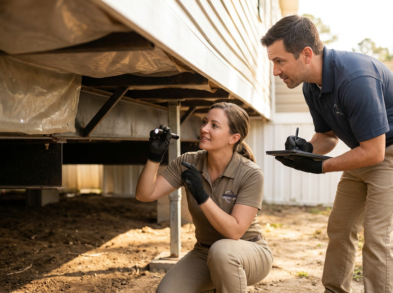 A female inspector uses a flashlight to check under a manufactured home as a male inspector takes notes on a tablet. Inspectors examining home's underside