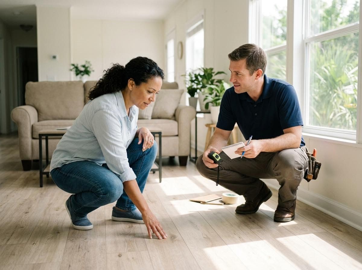 Homeowner and Contractor Inspecting Flooring