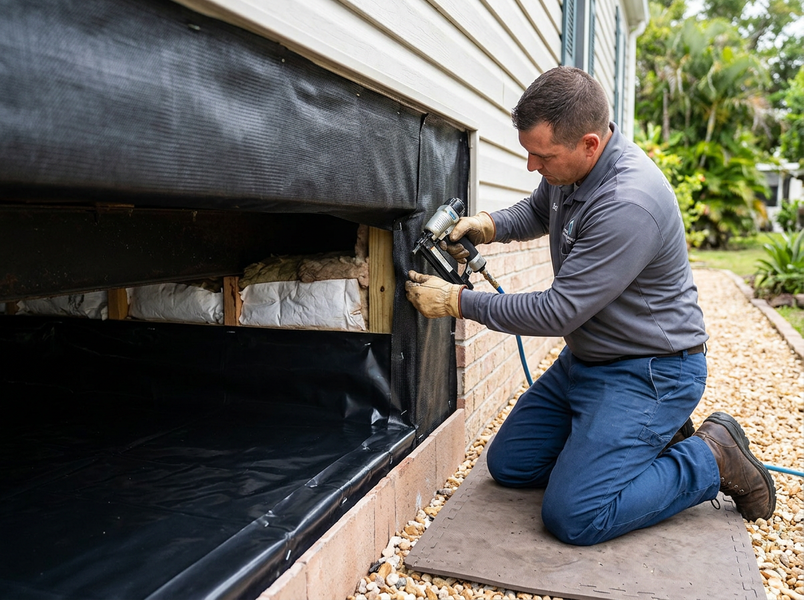 A technician uses a nail gun to secure a black vapor barrier and mesh around a home's crawl space opening for encapsulation. Crawl Space Encapsulation Installation