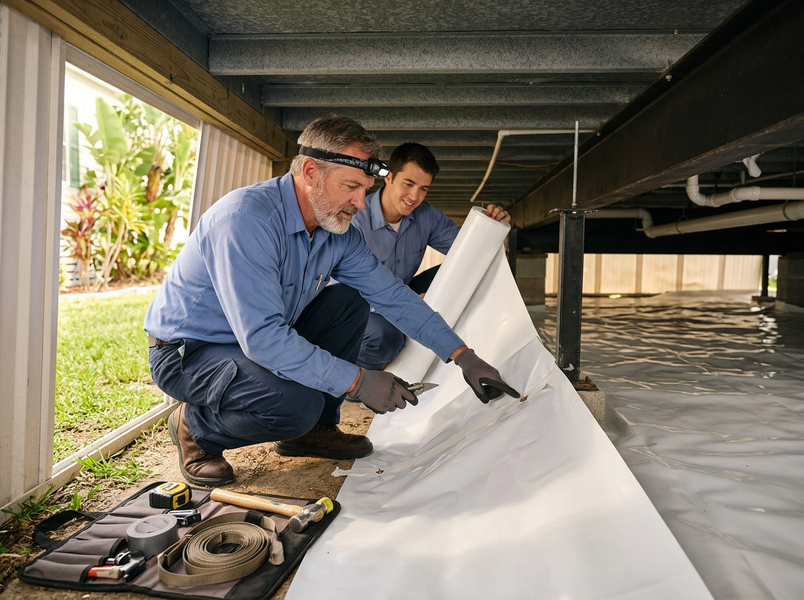 Two service technicians install a white vapor barrier under a raised house, encapsulating the crawl space to prevent moisture and protect the foundation. Crawl Space Encapsulation Installation by Technicians