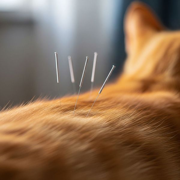 A close-up of fine acupuncture needles on a cat's back. A close-up of fine acupuncture needles on a cat's back.