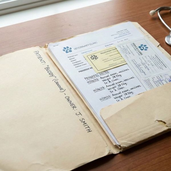 pet medical records sitting on a desk