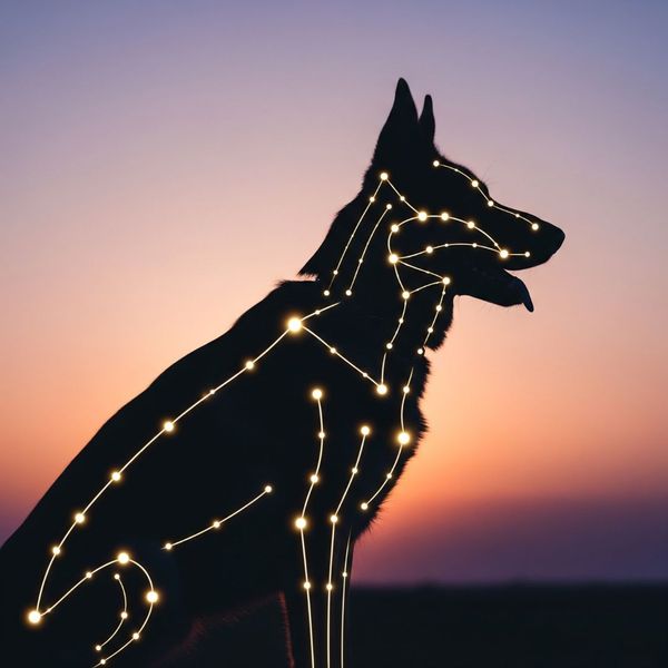 The silhouette of a dog at sunset with glowing lines showing its energy meridians, representing balance. The silhouette of a dog at sunset with glowing lines showing its energy meridians, representing balance.