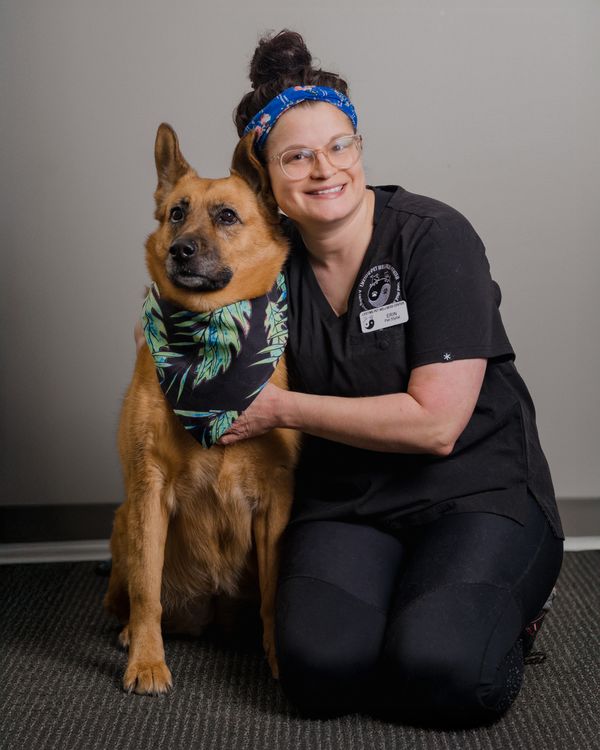 senior dog with lifetime wellness staff