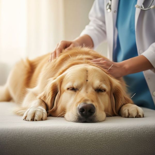 A pet resting peacefully during an acupuncture therapy session. A pet resting peacefully during an acupuncture therapy session.