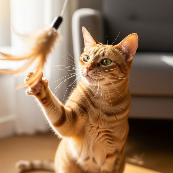 A senior cat playfully batting at a toy, looking energetic and healthy. A senior cat playfully batting at a toy, looking energetic and healthy.