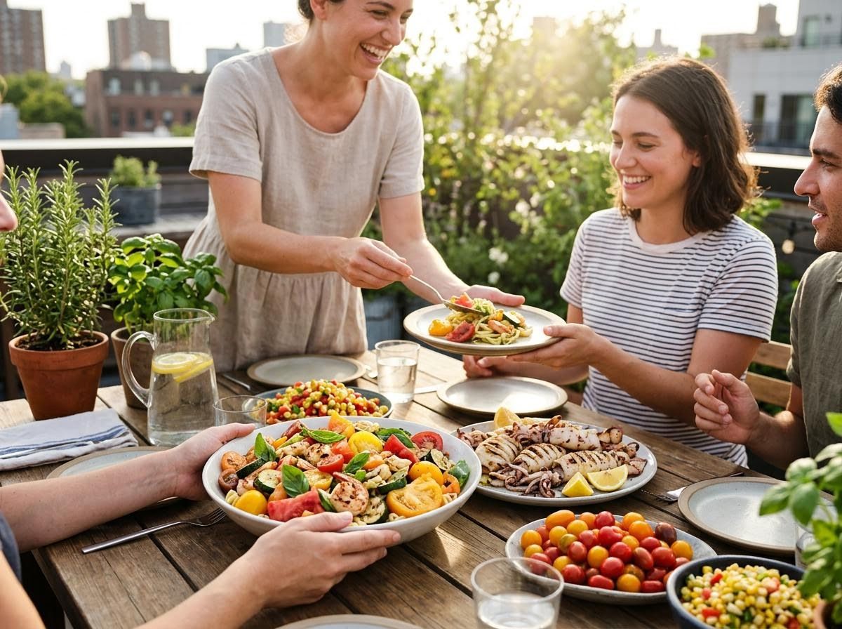 Friends Enjoying a Summer Outdoor Dinner on a Rooftop
