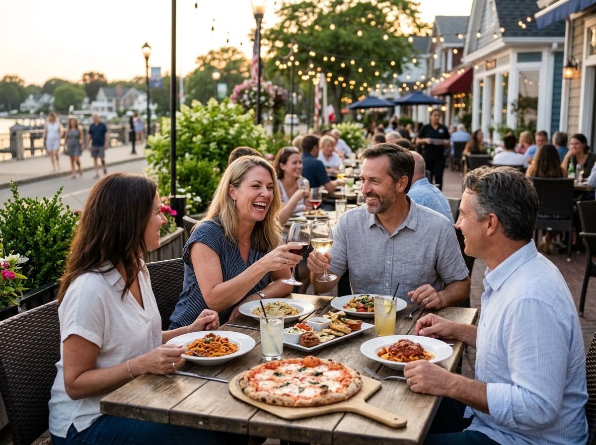 Friends enjoying dinner on a restaurant patio at sunset