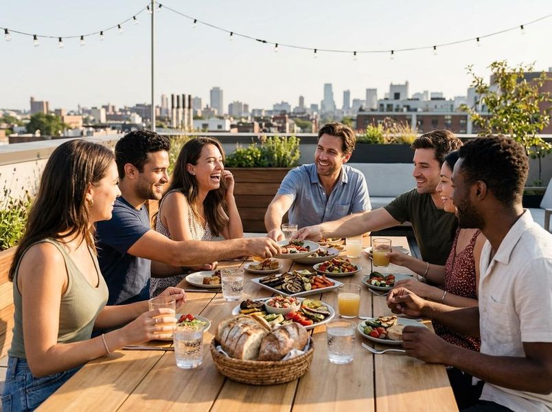 Friends Enjoying Rooftop Dinner