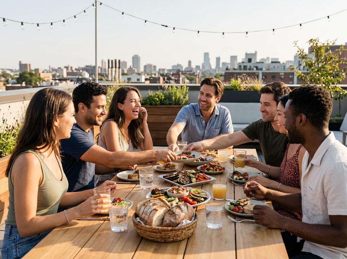 Friends Enjoying Rooftop Dinner