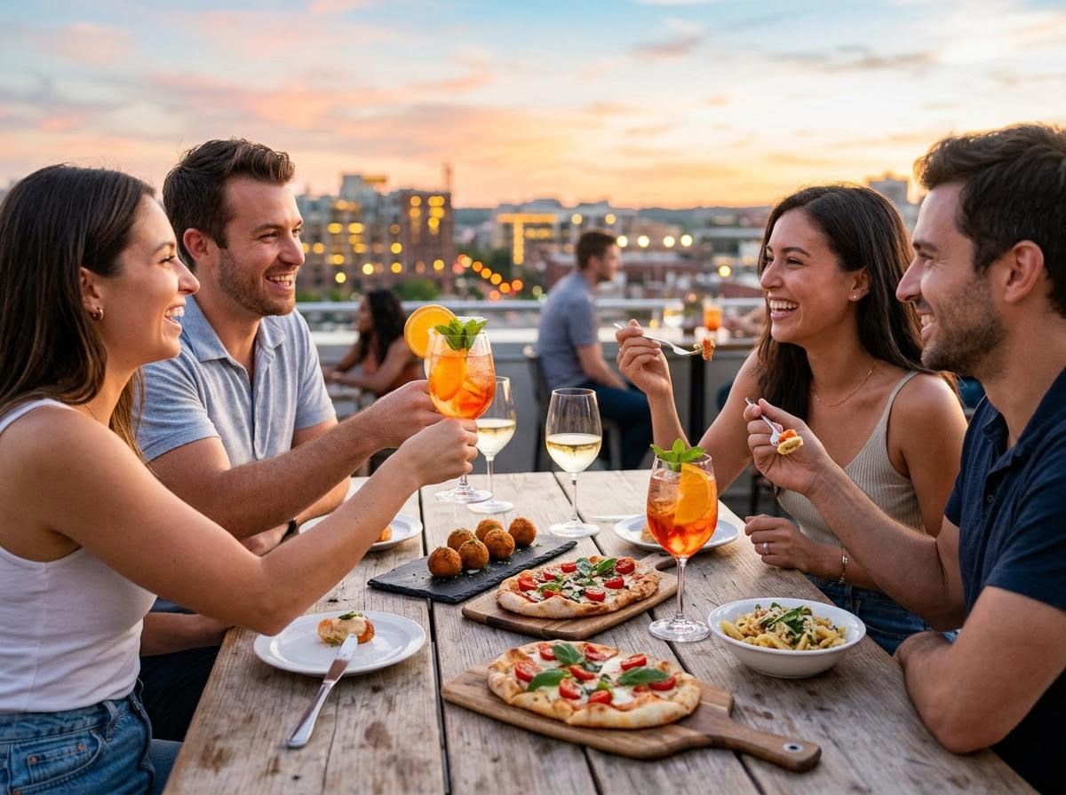 Friends Enjoying Rooftop Dinner at Sunset