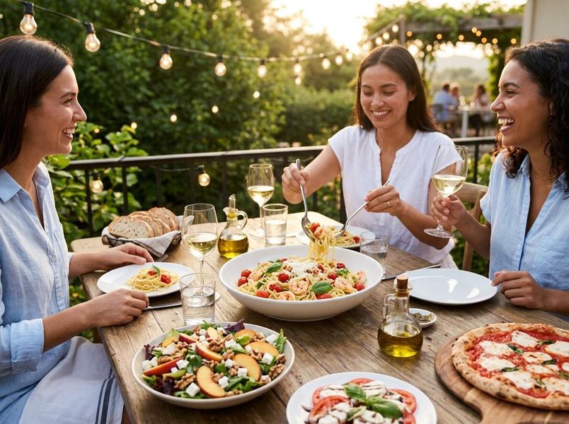 Friends enjoying an outdoor Italian dinner party