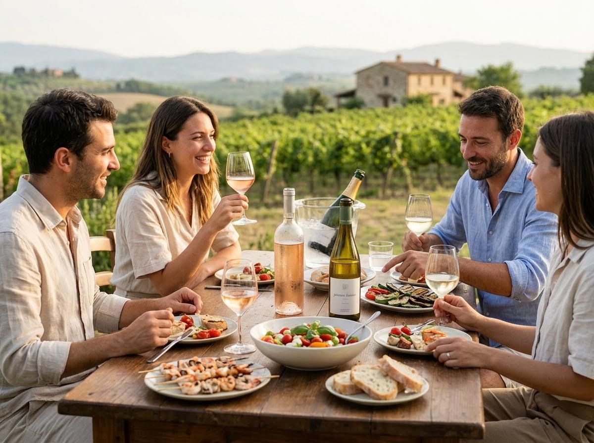 Friends enjoying an outdoor meal and wine in a vineyard