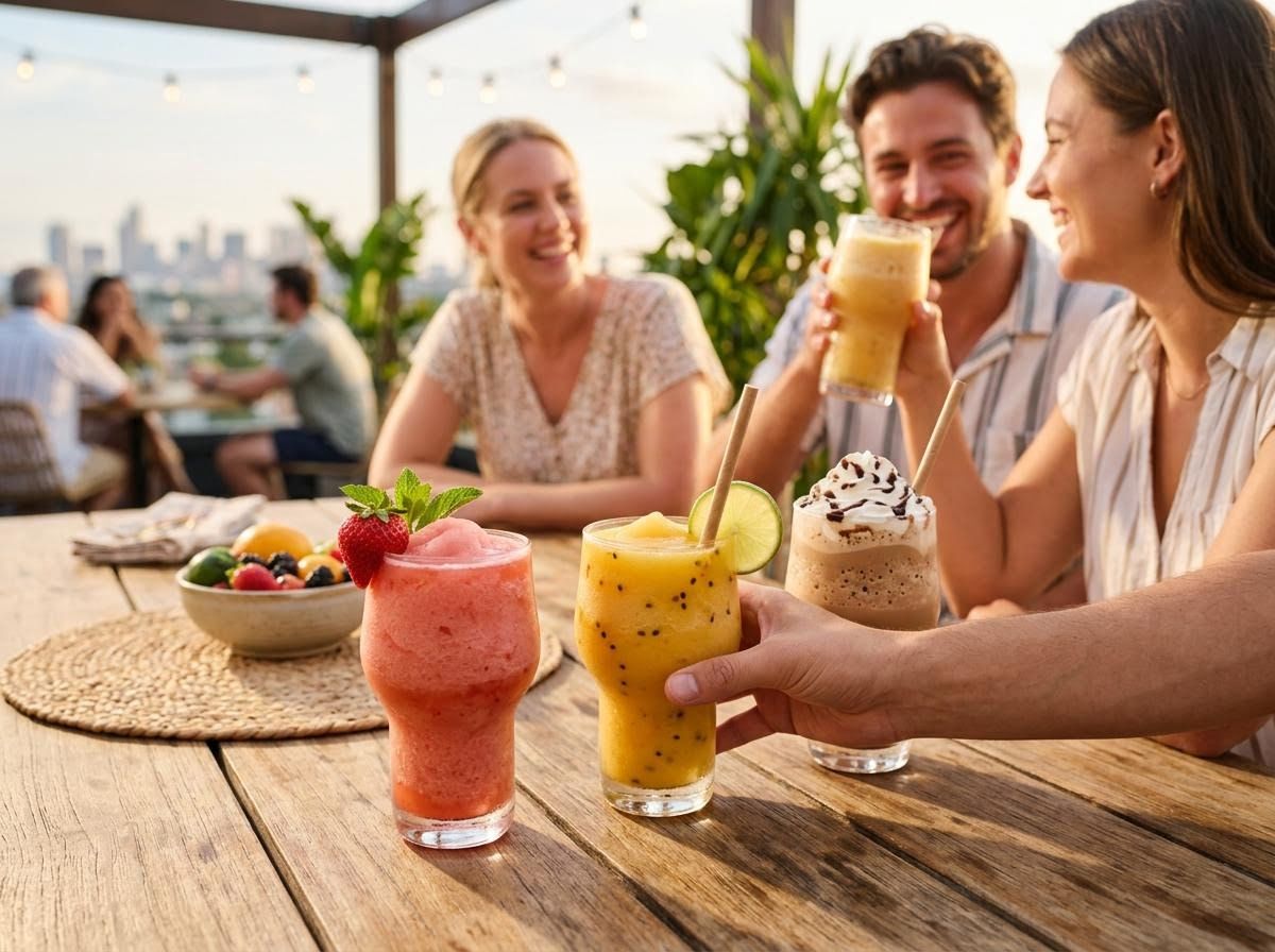 Friends enjoying colorful frozen drinks on a rooftop patio