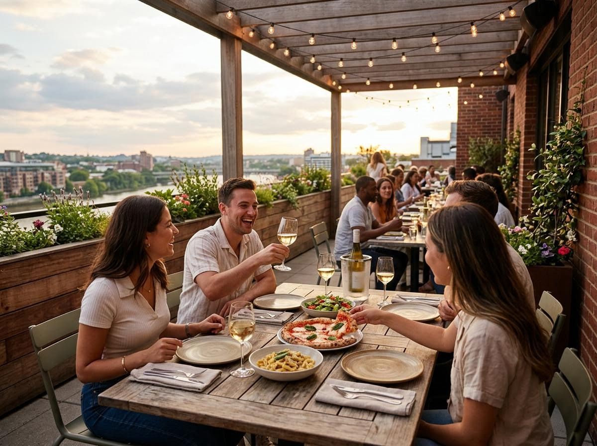 Friends Enjoying Rooftop Dinner at Sunset