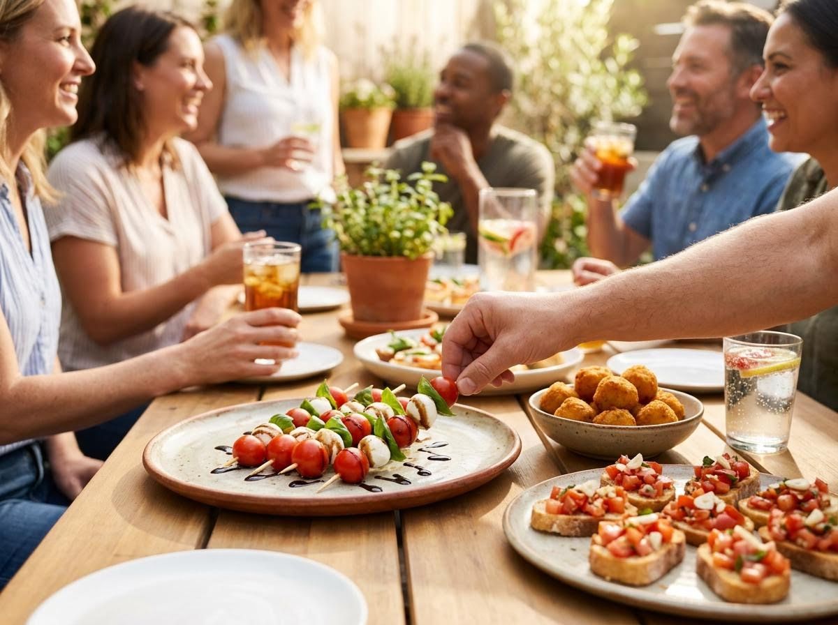 Friends enjoying an outdoor summer meal with appetizers