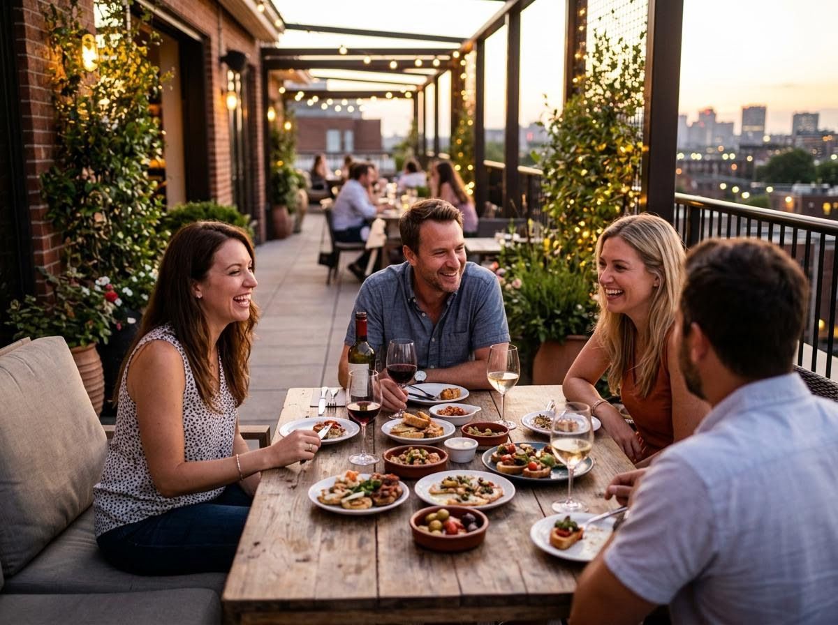 Friends enjoying an evening meal and drinks on a rooftop patio