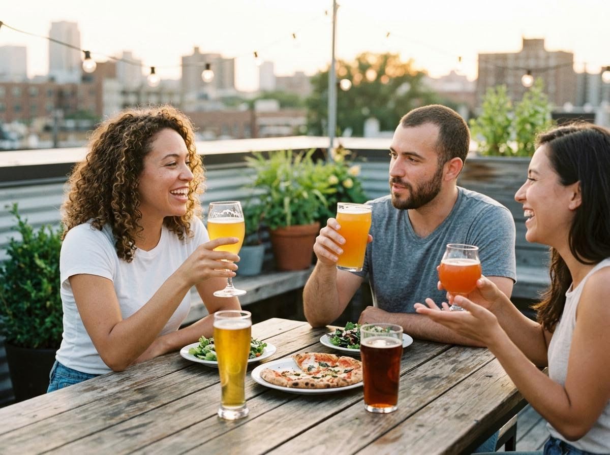 Friends Enjoying Beer and Pizza on a Rooftop Patio