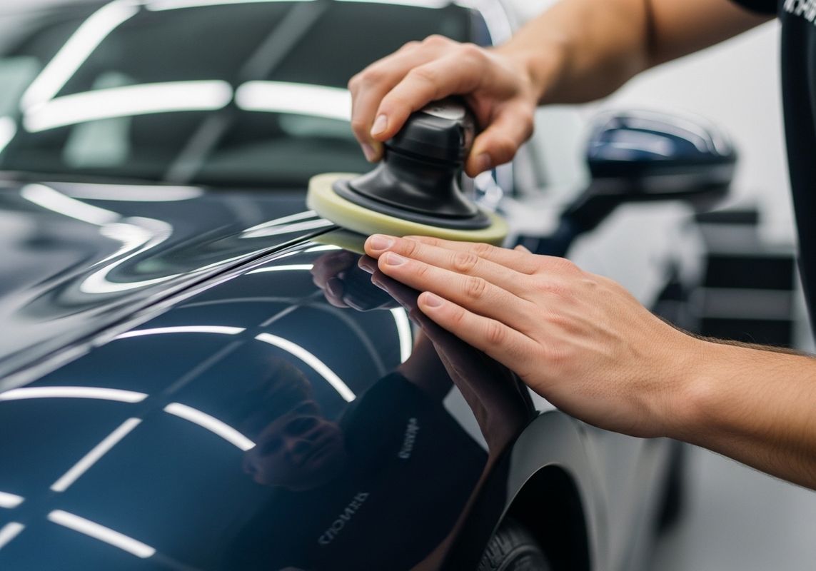 Close-up of a person's hands using a polishing machine on a blue car, enhancing the vehicle's shine and paint quality in a professional detailing process. Car detailing with polishing machine