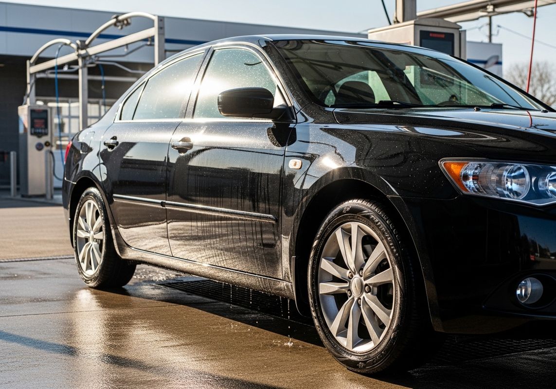 A gleaming black sedan, fresh from a car wash, sparkles under the sun. Water droplets cling to its polished surface, highlighting the sleek design and clean wheels. The car wash structure is visible in the background, adding context to the scene. Clean Black Car at Car Wash