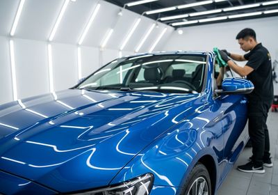 A man is carefully detailing a shiny blue car in a well-lit garage, using a green microfiber cloth and wearing black gloves, indicating professional car care and attention to detail. Blue car being detailed