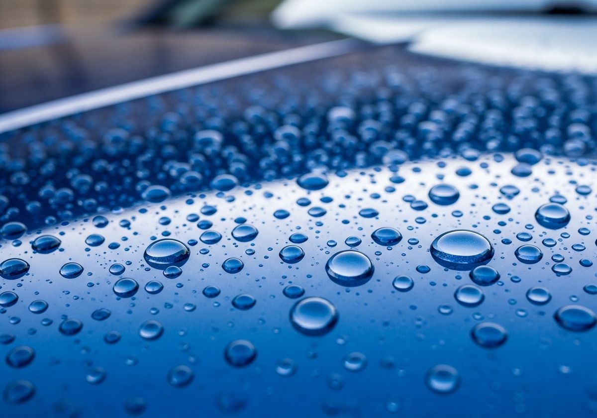 Raindrops on a blue car hood