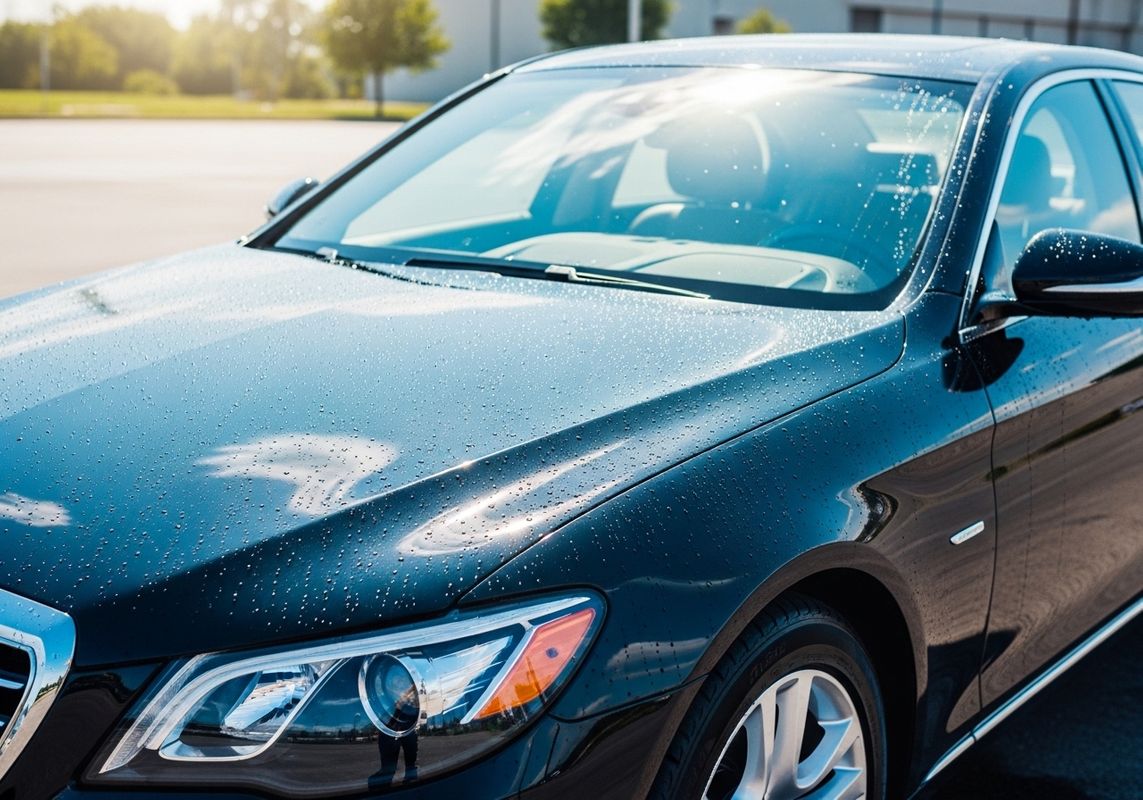 Close-up of a shiny black car hood and windshield covered in water droplets after a wash, reflecting sunlight. The car features a modern headlight design and sleek lines. Clean Black Car with Water Droplets