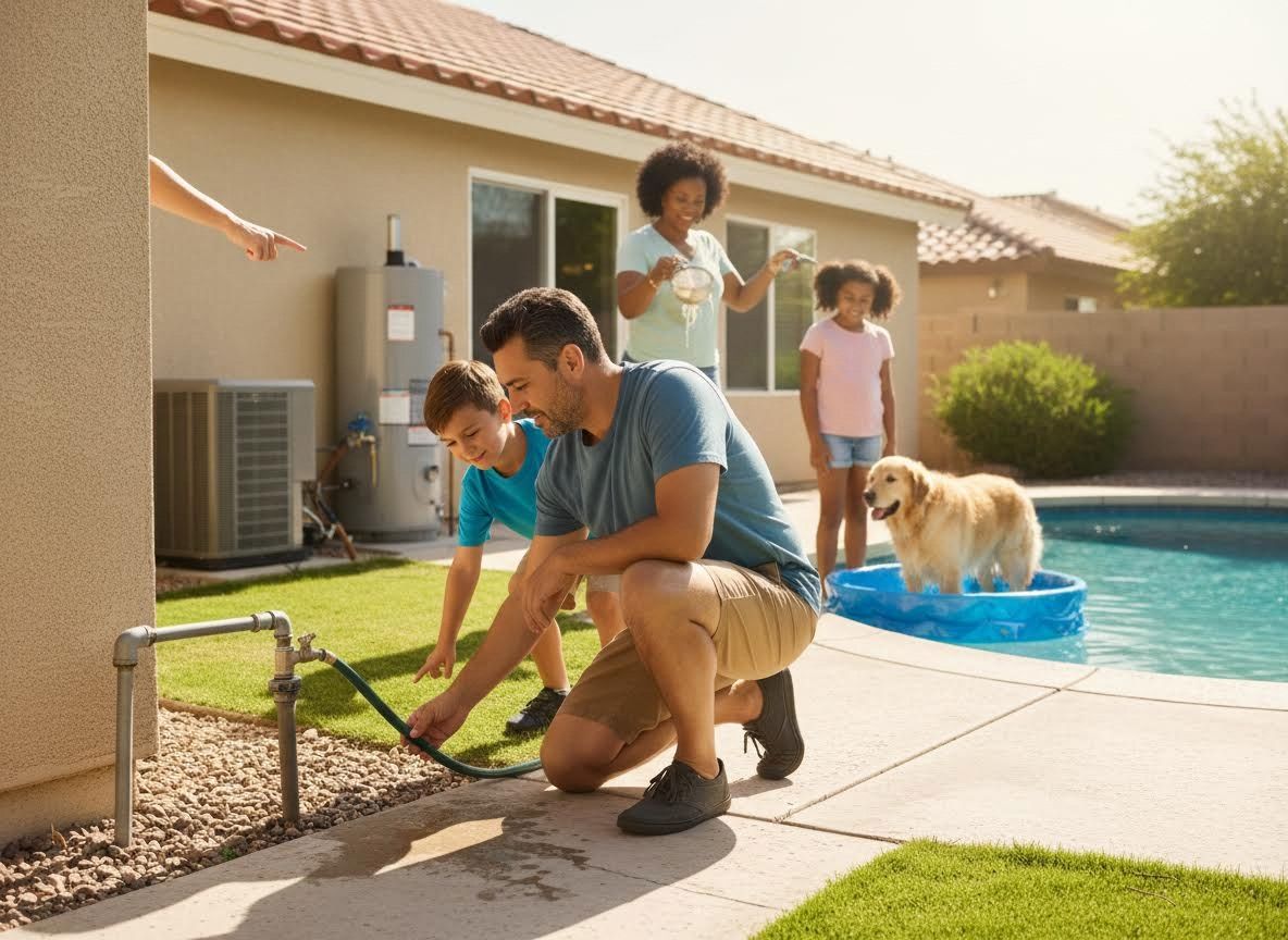 Family and golden retriever dog enjoying a sunny day by the pool