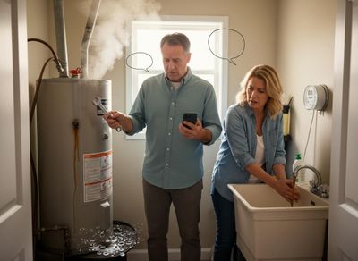 A man and woman look worried in a utility room with a broken, steaming hot water heater leaking water onto the floor. The man holds a wrench and phone; the woman washes her hands in a sink. Distressed couple with a steaming and leaking water heater