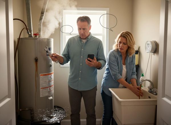 A man and woman look worried in a utility room with a broken, steaming hot water heater leaking water onto the floor. The man holds a wrench and phone; the woman washes her hands in a sink. Distressed couple with a steaming and leaking water heater