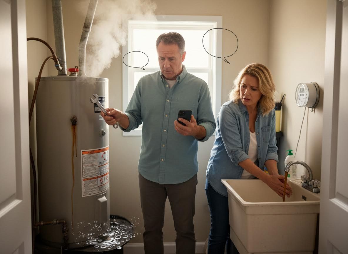 Distressed couple with a steaming and leaking water heater