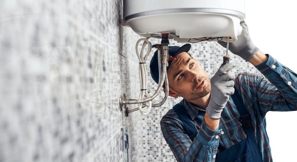 a plumber installing a tankless water heater