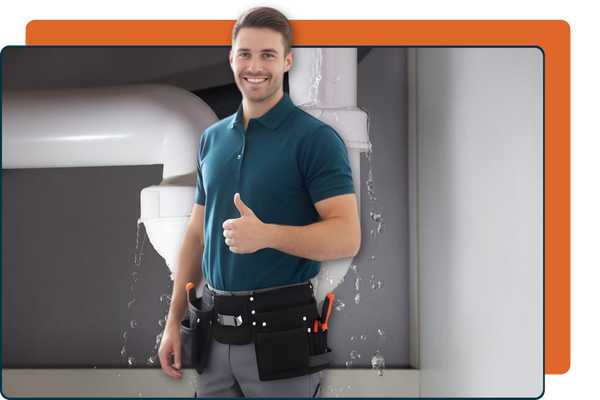 a plumber giving a thumbs up in front of a water leaking pipe
